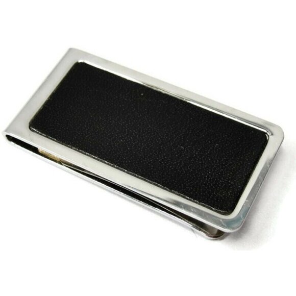 Money Clip Stainless Steel Black Leather Insert Credit Card Cash ID Holder - Picture 1 of 9